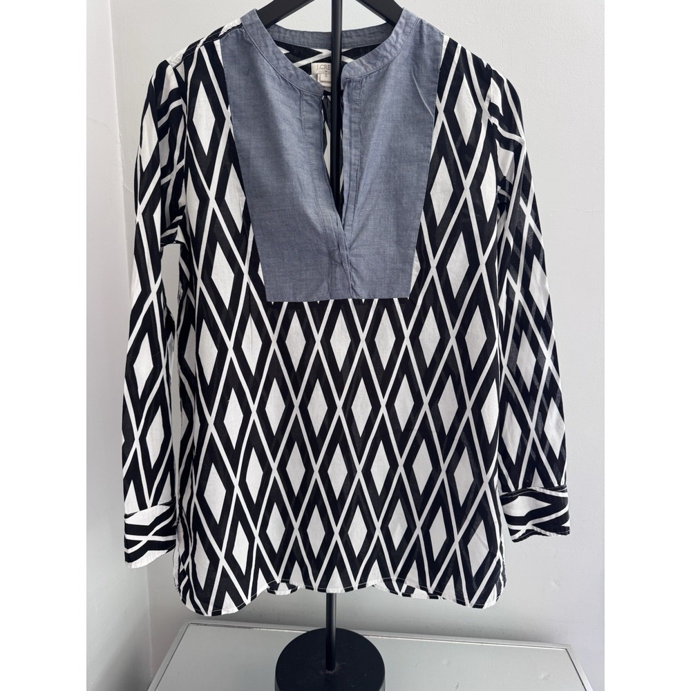 J.Crew Women's S Geometric Diamond Print Popover Tunic Top Cotton Boho Navy